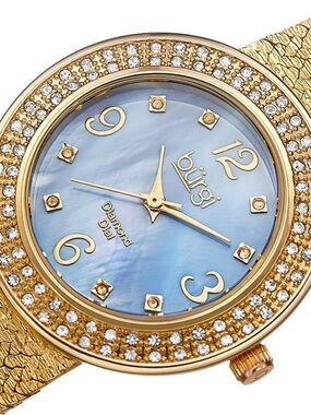 NWOT Designer Burgi Crystal Swiss Watch Mother of Pearl Dial & 8 Diamond Markers